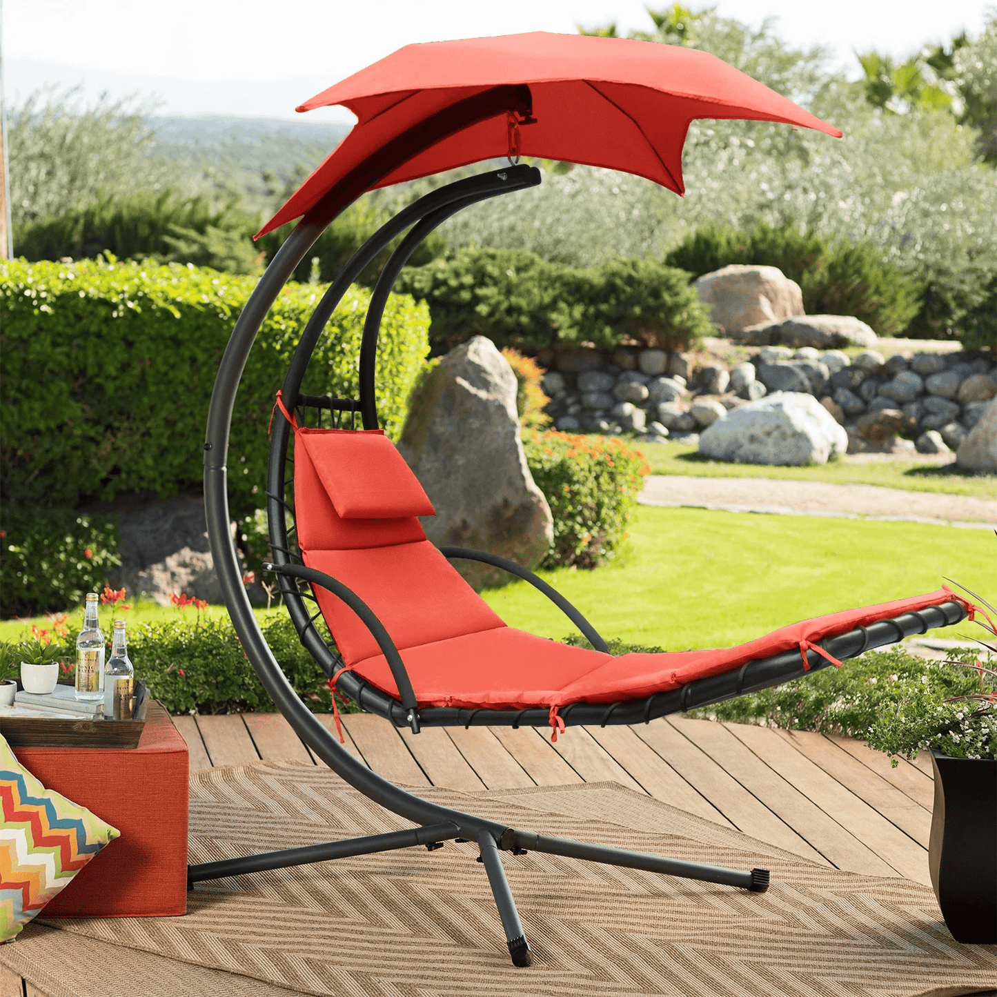Komfort Hängeliege mit Kissen und Schirm – Outdoor Swing Chair mit Metallrahmen